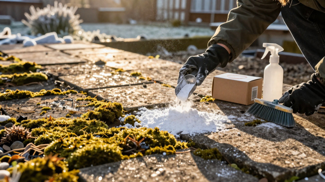 Person sprinkling white powder on moss-covered outdoor stone tiles with cleaning tools nearby in daylight.