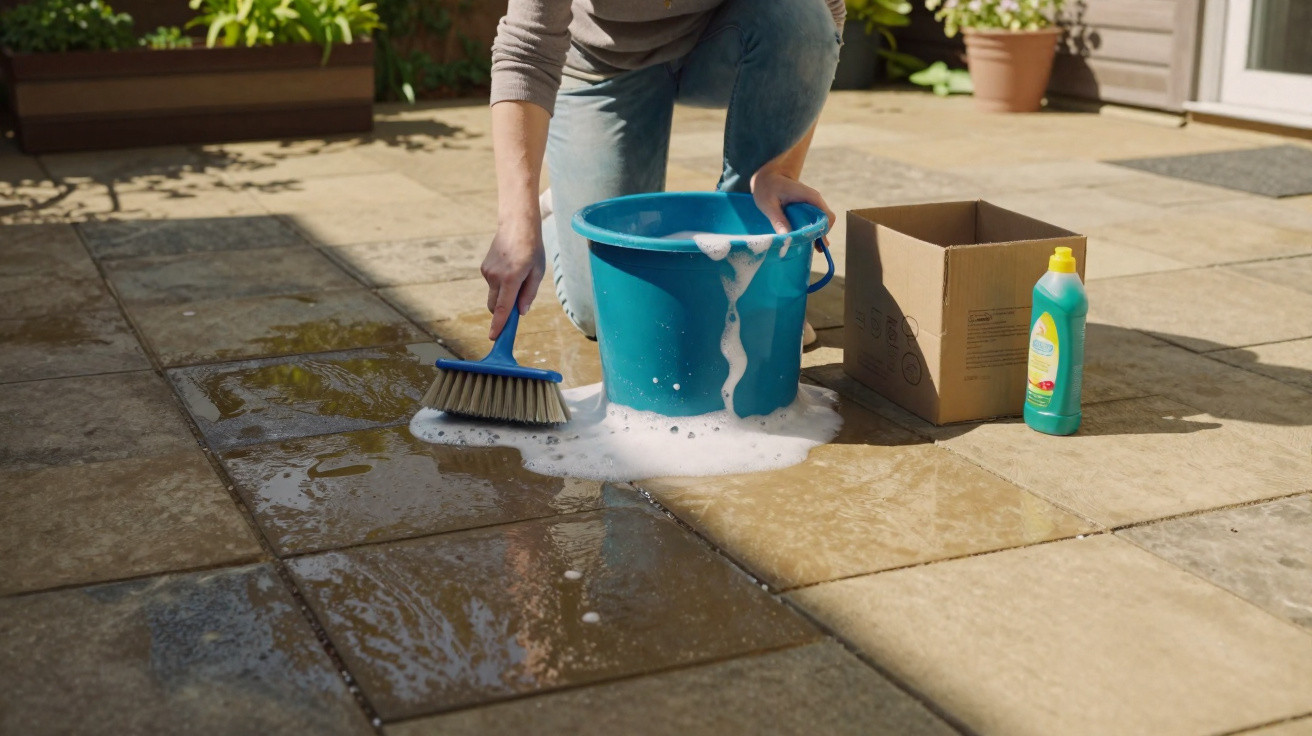 Person scrubbing a soapy outdoor stone patio with a brush, next to a blue bucket and cleaning bottle.