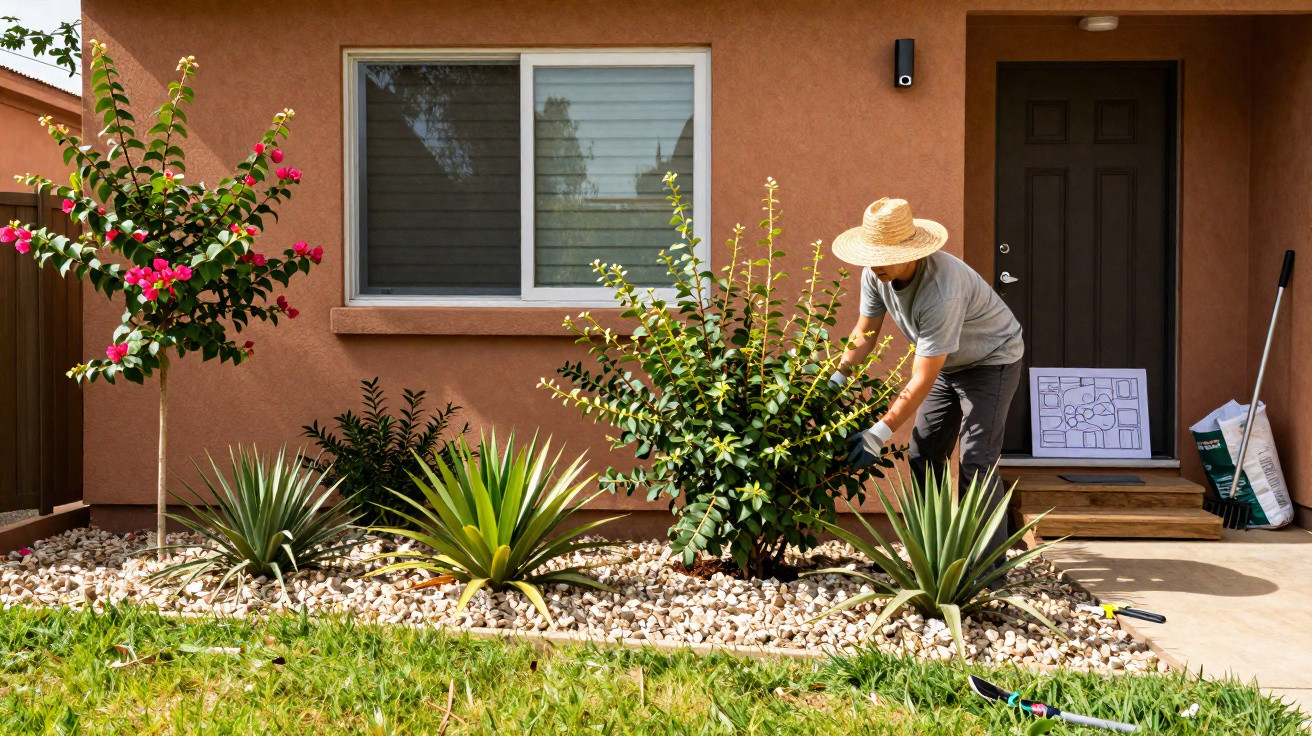 Person wearing a straw hat tending plants in a landscaped garden bed outside a house with a brown door and window.