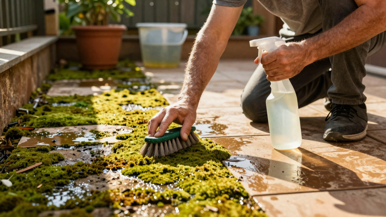 Person scrubbing moss off outdoor stone tiles with a brush and spray bottle in sunlight.