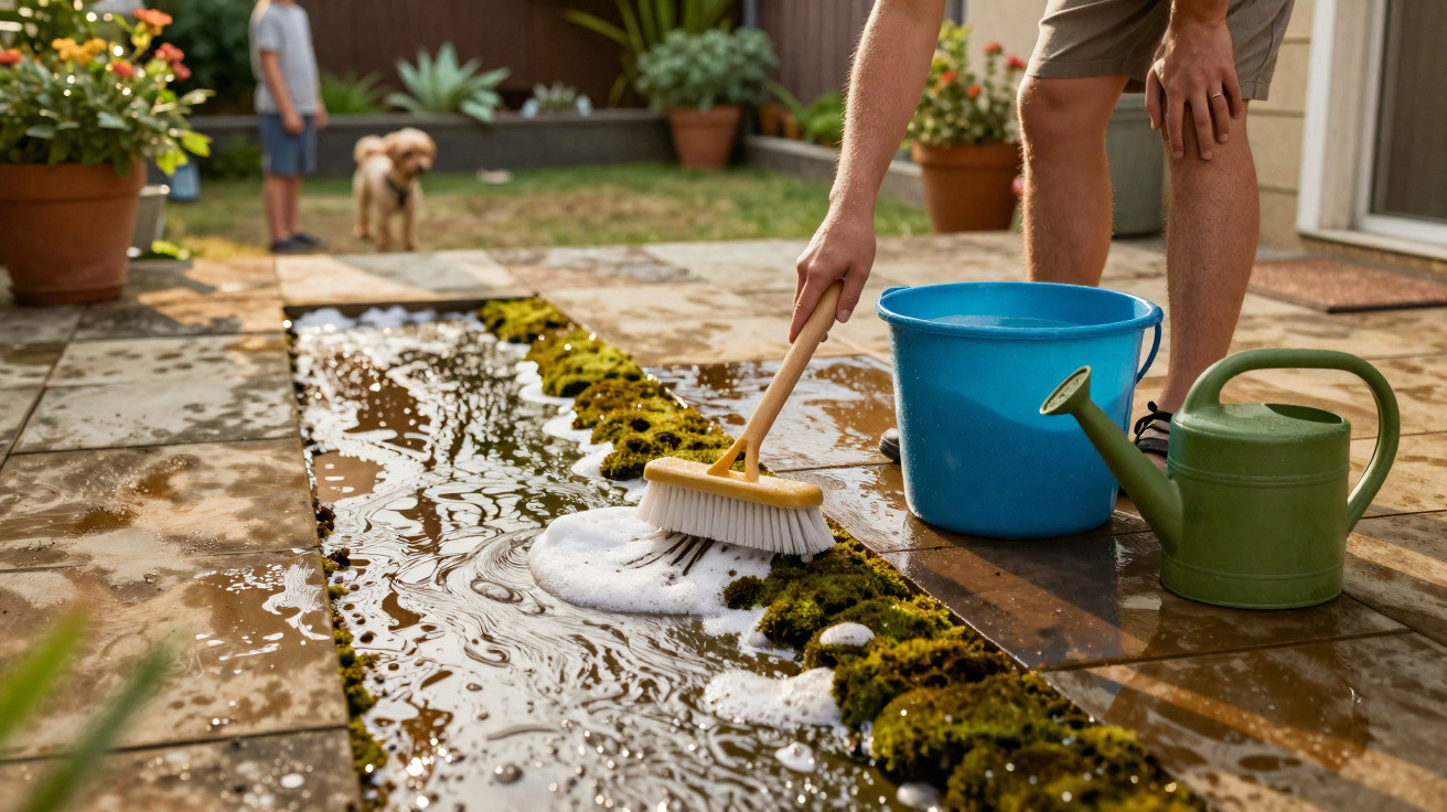 Person scrubbing moss from patio stones with a brush, bucket, and watering can nearby in a garden.