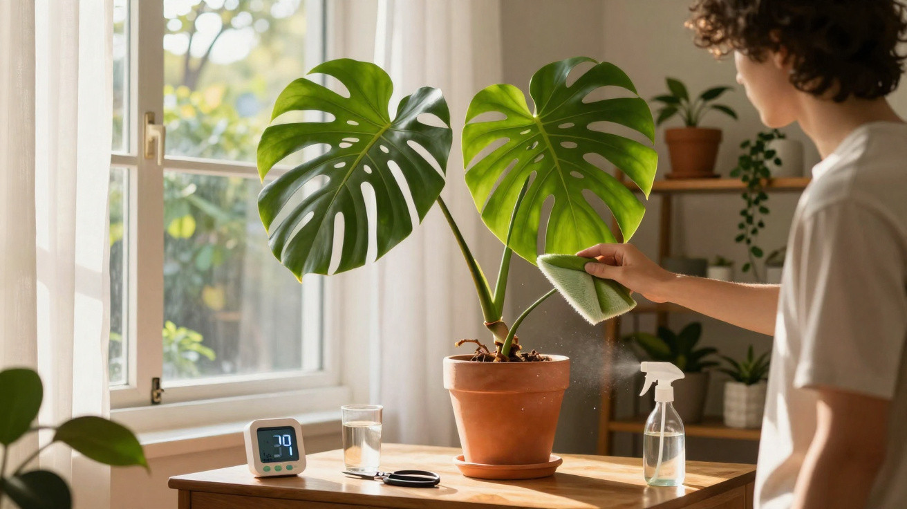 Person cleaning large green Monstera plant leaves on a table near a window with sunlight.