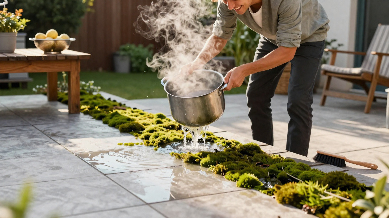 Person pouring steaming water from a pot onto moss growing between patio tiles in a garden.