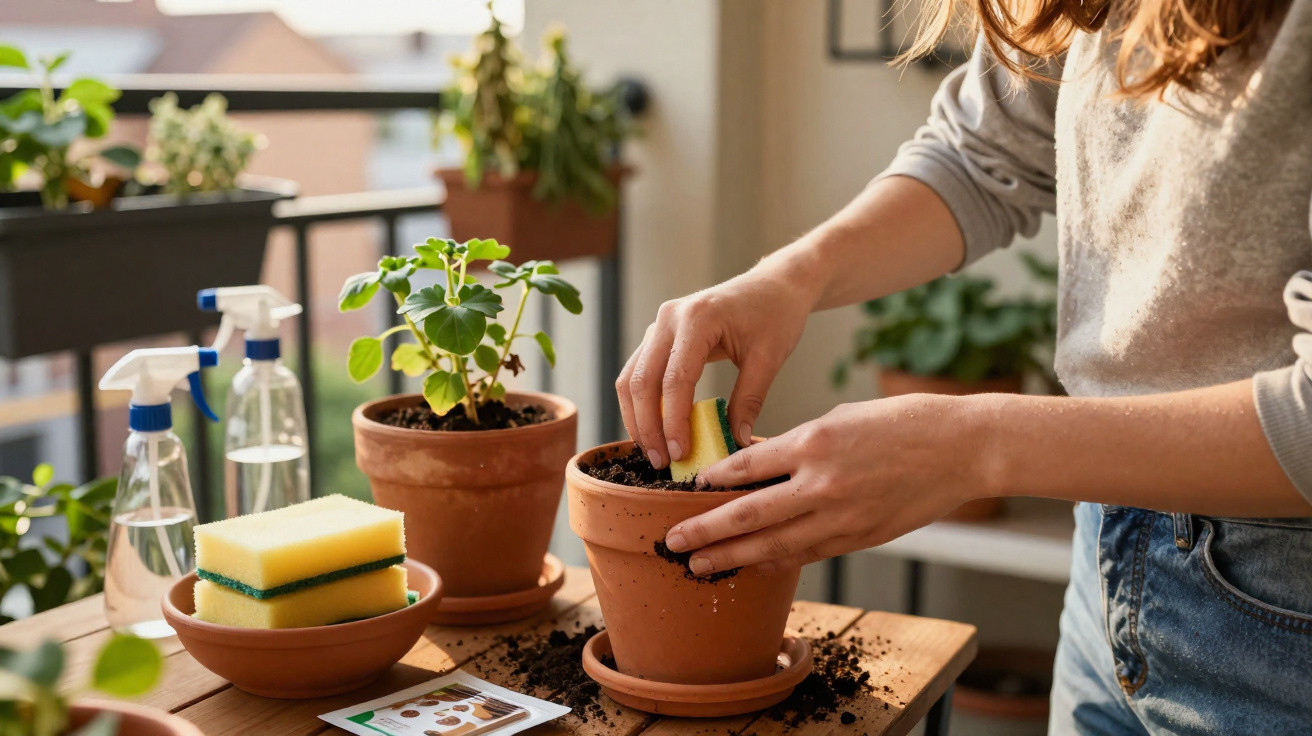Person planting seeds in a terracotta pot on a wooden table with garden supplies nearby.
