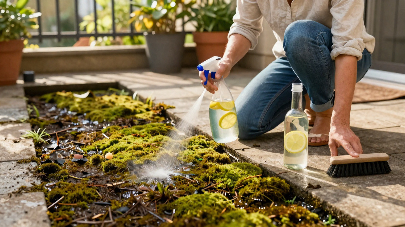 Person kneeling on a patio spraying moss with a lemon water spray and holding a brush beside a bottle.