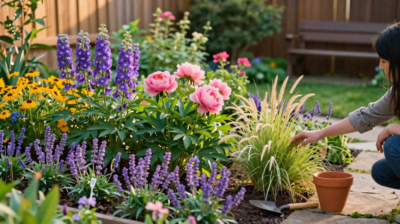Woman tending a colourful garden bed with pink peonies, purple lavender, and ornamental grasses on a sunny day.