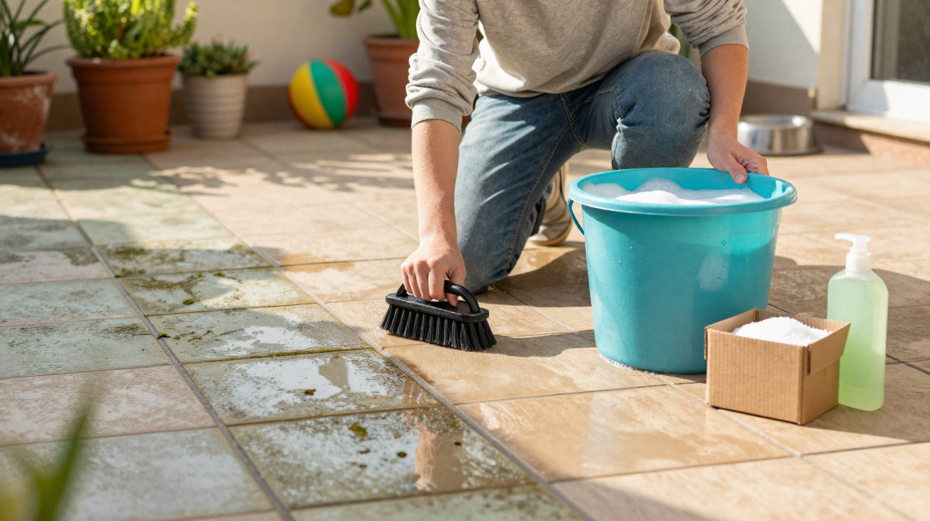 Person scrubbing moss from an outdoor tiled floor using a brush and soapy water with cleaning supplies nearby.