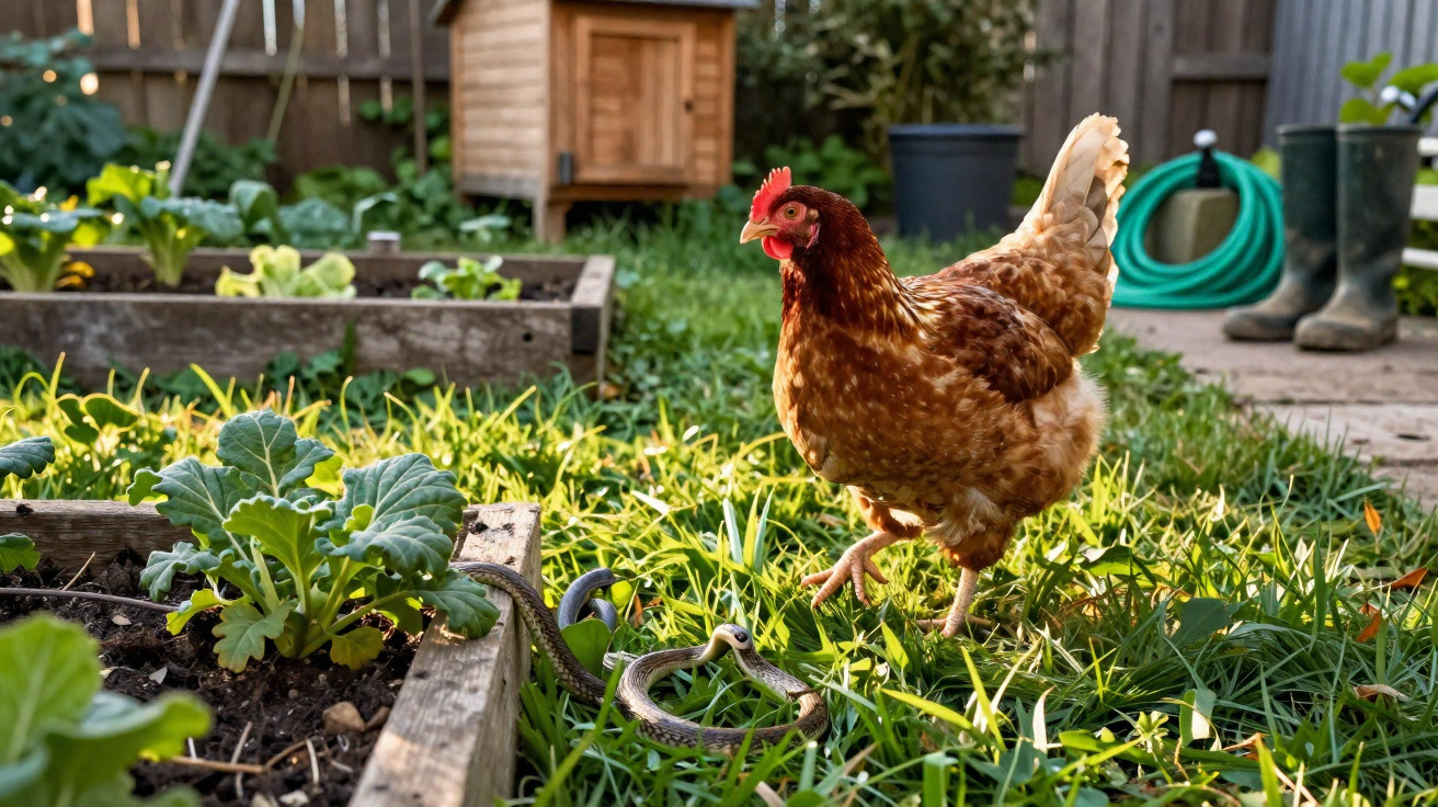 Brown hen standing on grass near a small garden snake beside raised vegetable beds in a backyard garden.