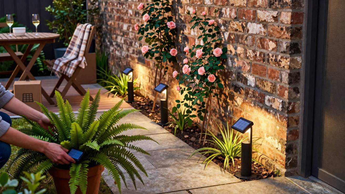 Solar garden lights illuminate a brick wall with pink roses beside a stone patio and green potted plants.