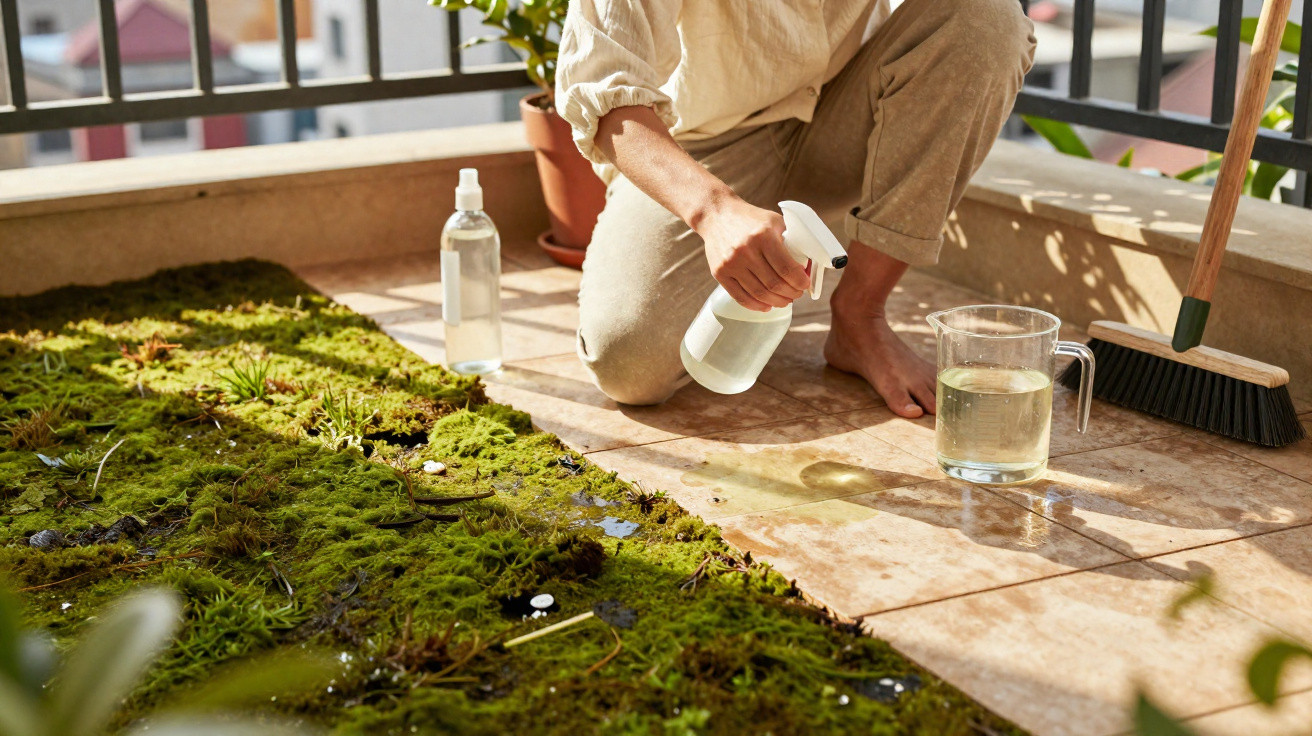 Person spraying water on green moss growing on a balcony floor with sunlight and a broom nearby