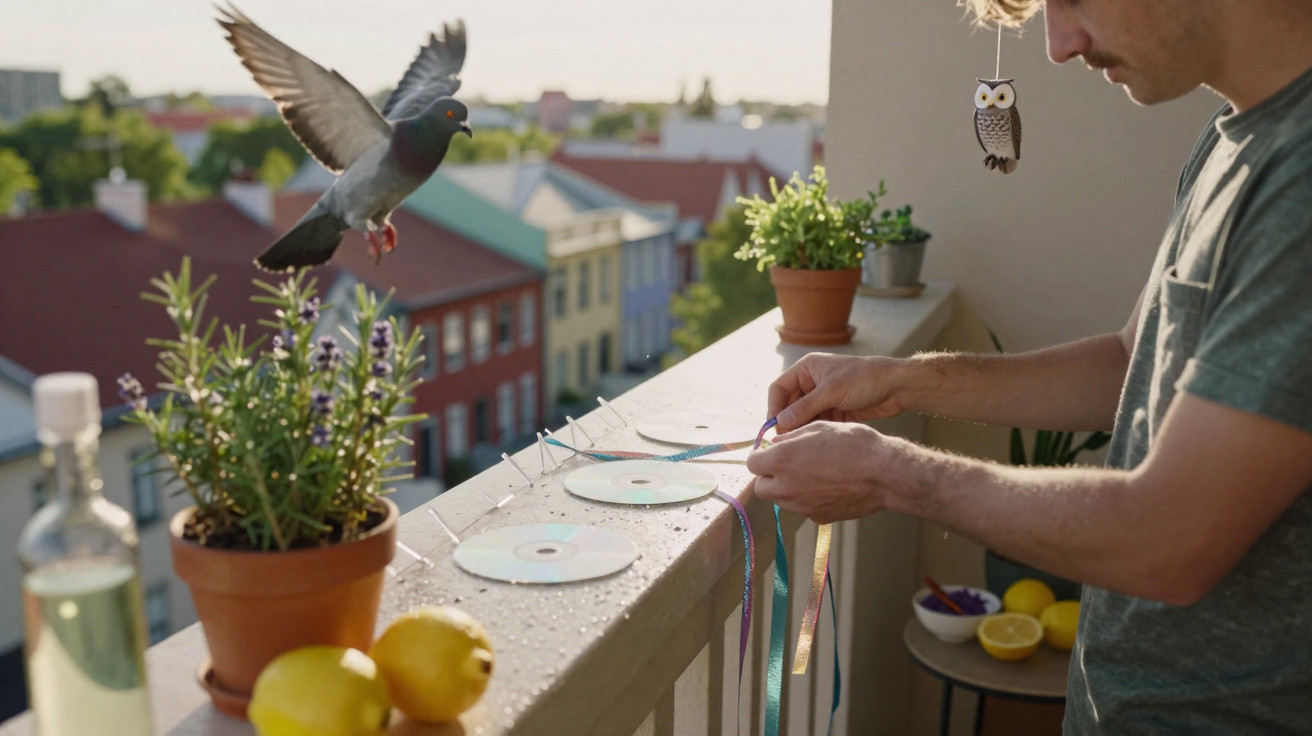 Man decorating balcony railing with CDs and colourful ribbons as a pigeon flies nearby in a sunny neighbourhood.