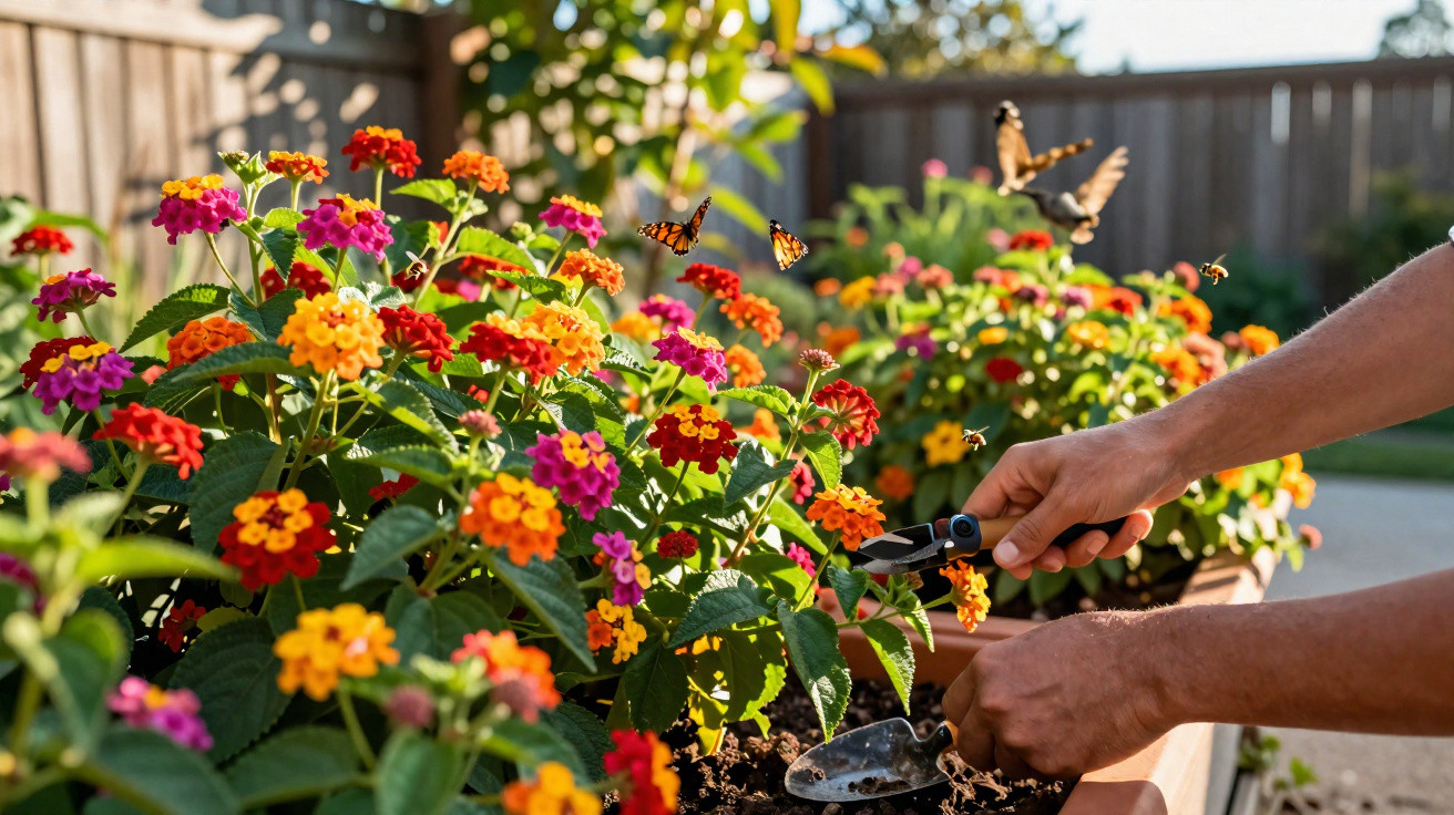 Person gardening vibrant lantana flowers with butterflies and bees flying around in a sunny outdoor setting.