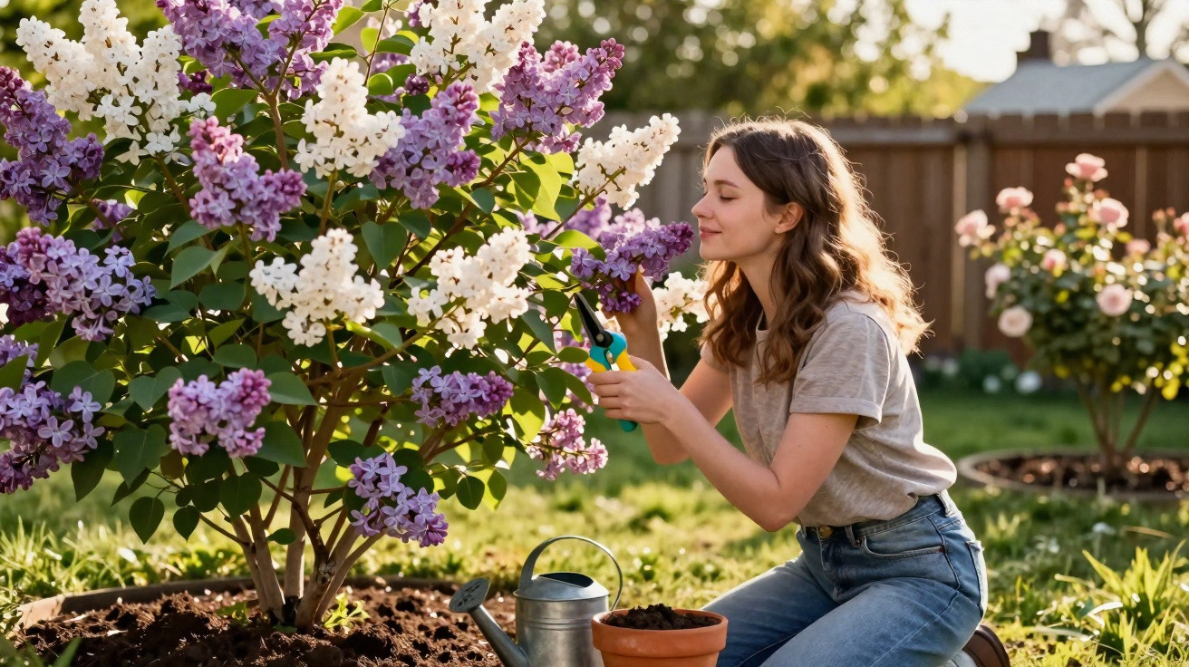 Young woman pruning white and purple lilac bush in sunny garden with watering can and pot nearby