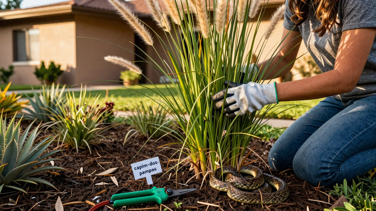 Person wearing gloves pulls tall grass labeled capim-dos-pampas next to a coiled snake in garden bed.