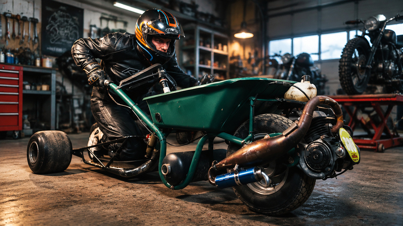 Person in leather suit and helmet crouching behind green motorised wheelbarrow in a workshop.