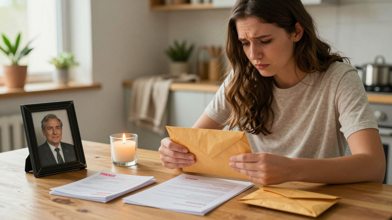 Young woman reading a letter at a table with documents, a lit candle, and a framed photo in the background.