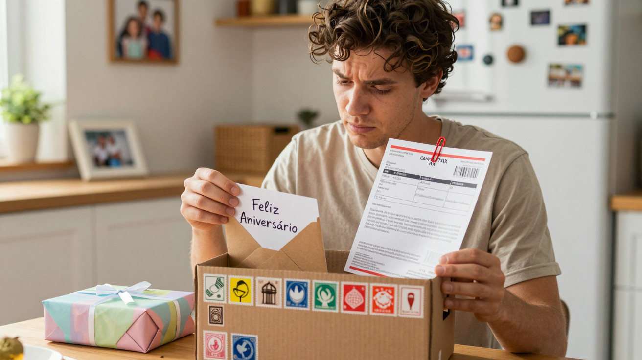 Man sitting at kitchen table looking confused holding a bill and a birthday card in a cardboard box.