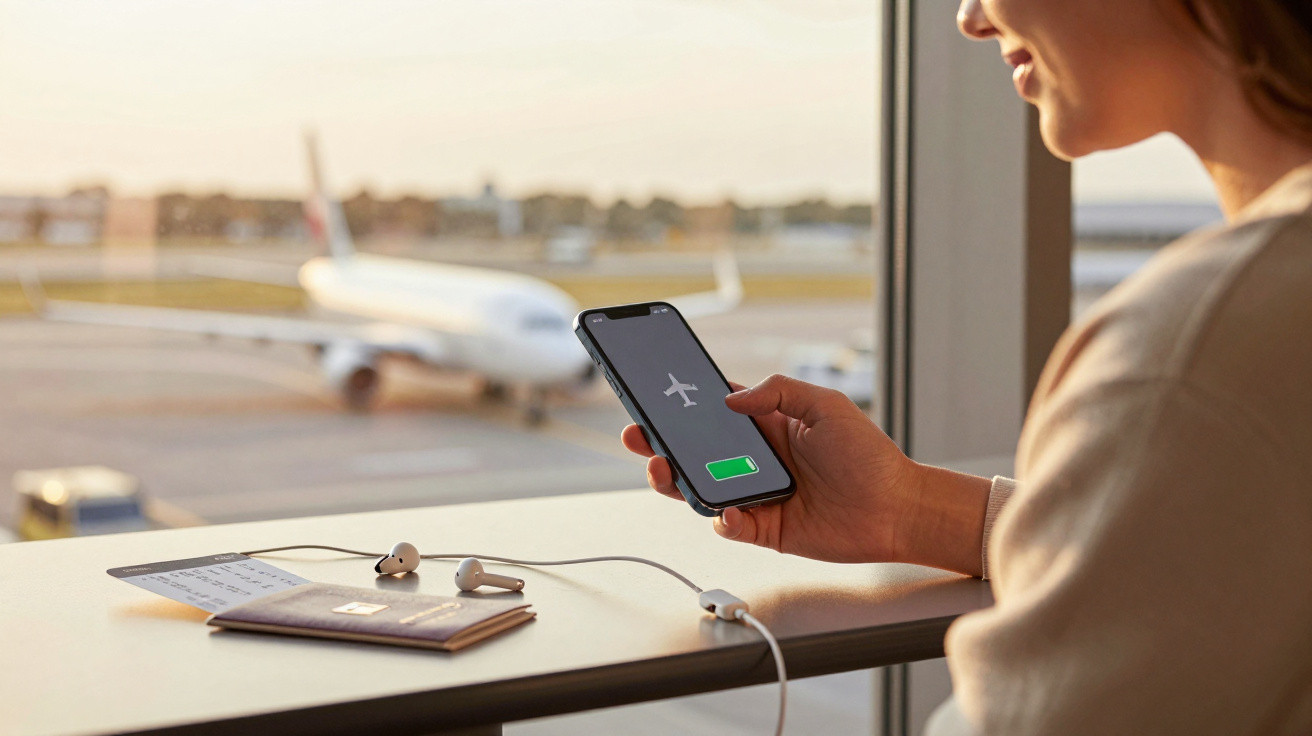Person holding smartphone showing airplane mode at airport with boarding pass, passport and earbuds on table