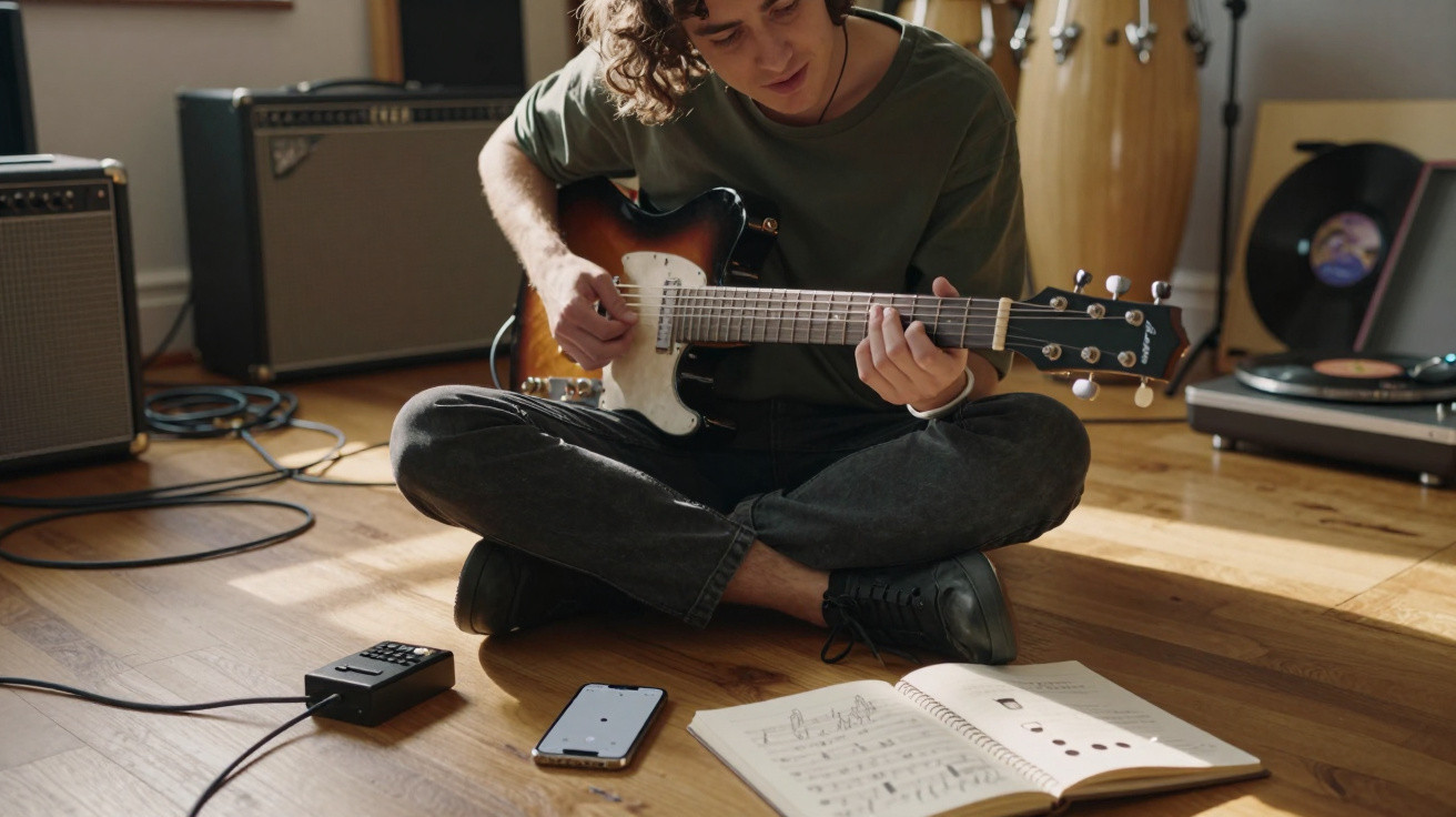 Person sitting cross-legged on wooden floor playing electric guitar with open music book, phone, and amplifier nearby.