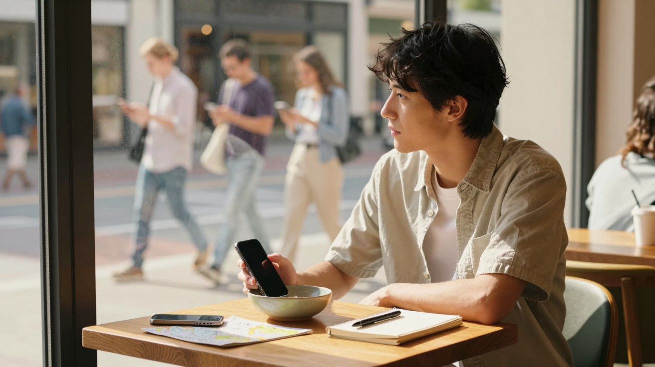 Young man sitting by a cafe window holding a smartphone, with a notebook and map on the table.