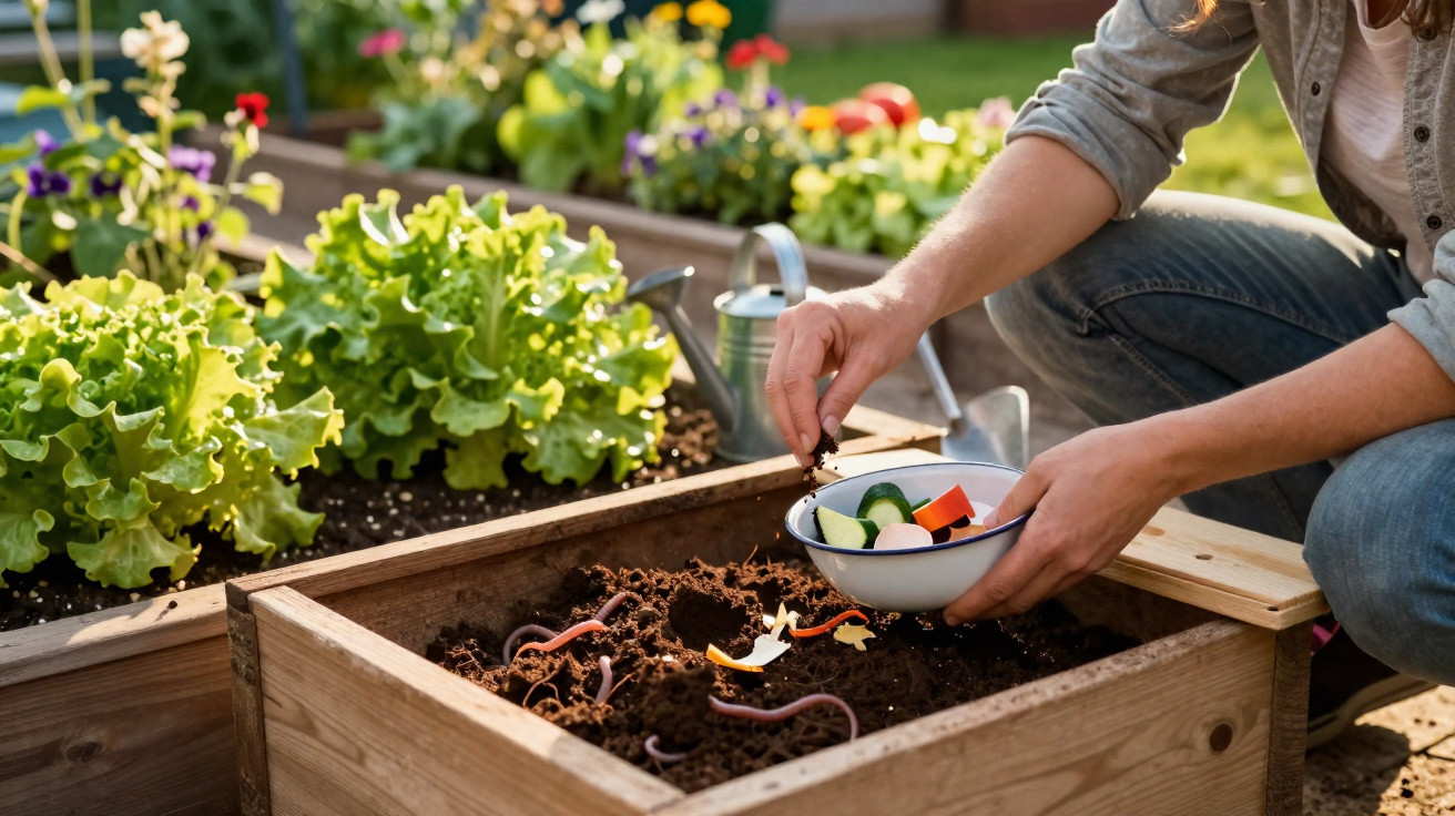 Person adding vegetable scraps to a worm compost bin in a garden with raised beds and leafy greens.