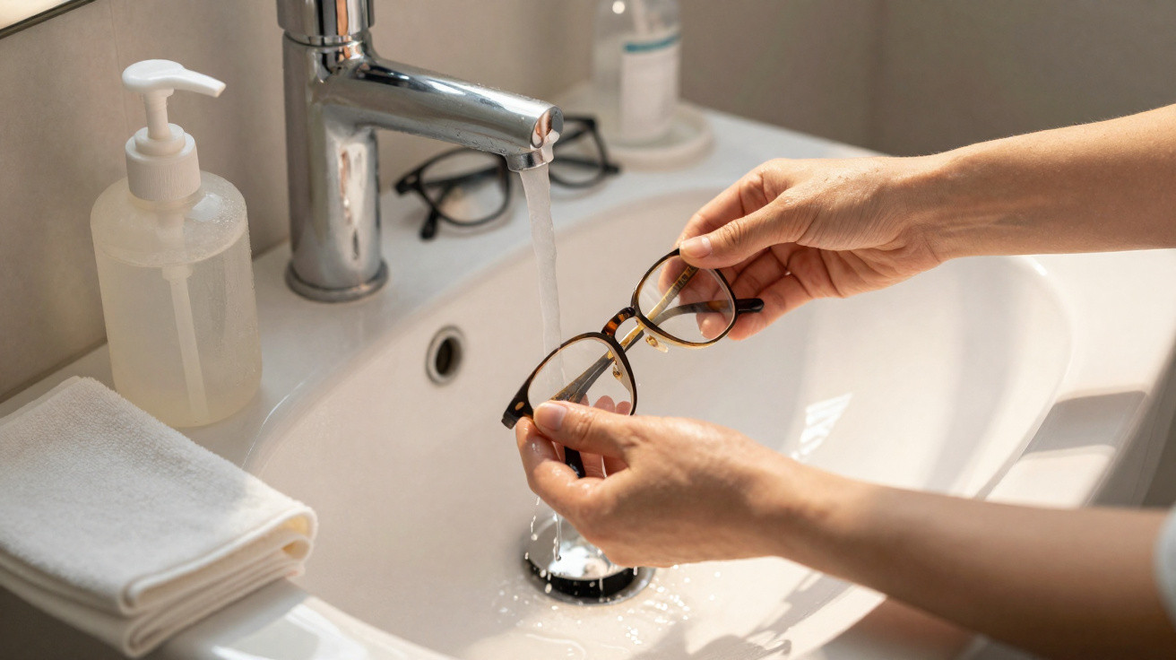 Person cleaning eyeglasses under running water at a bathroom sink with soap dispenser and towel nearby.