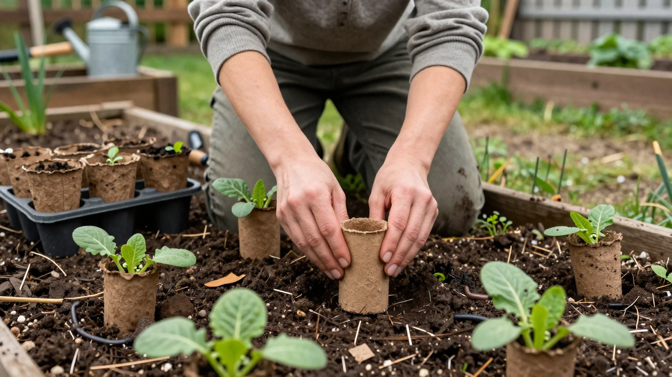 Person planting seedling pots in a garden bed with young green plants and gardening tools nearby.