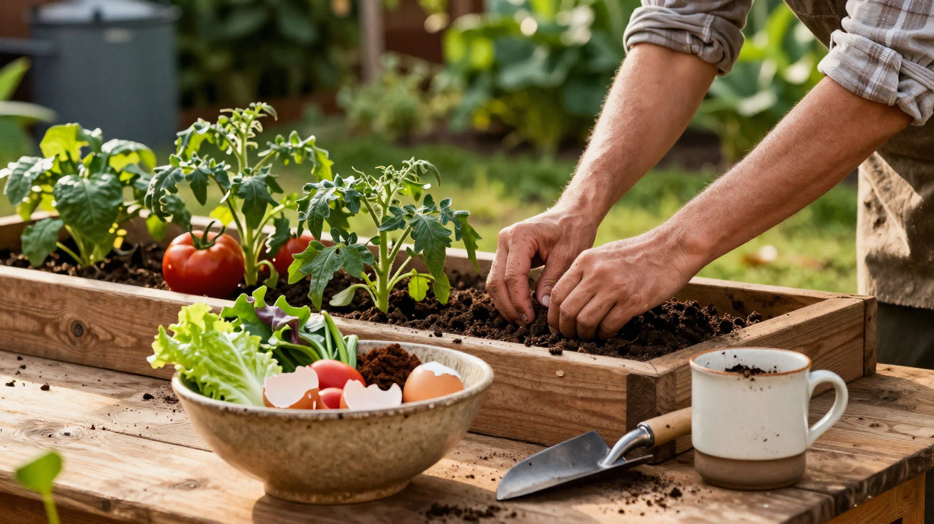 Person planting seeds in a wooden planter with vegetables, gardening tools, and a cup on a table outdoors.