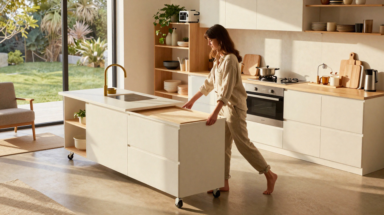 Woman adjusting a movable kitchen island in a bright, modern kitchen with wooden accents and large windows.