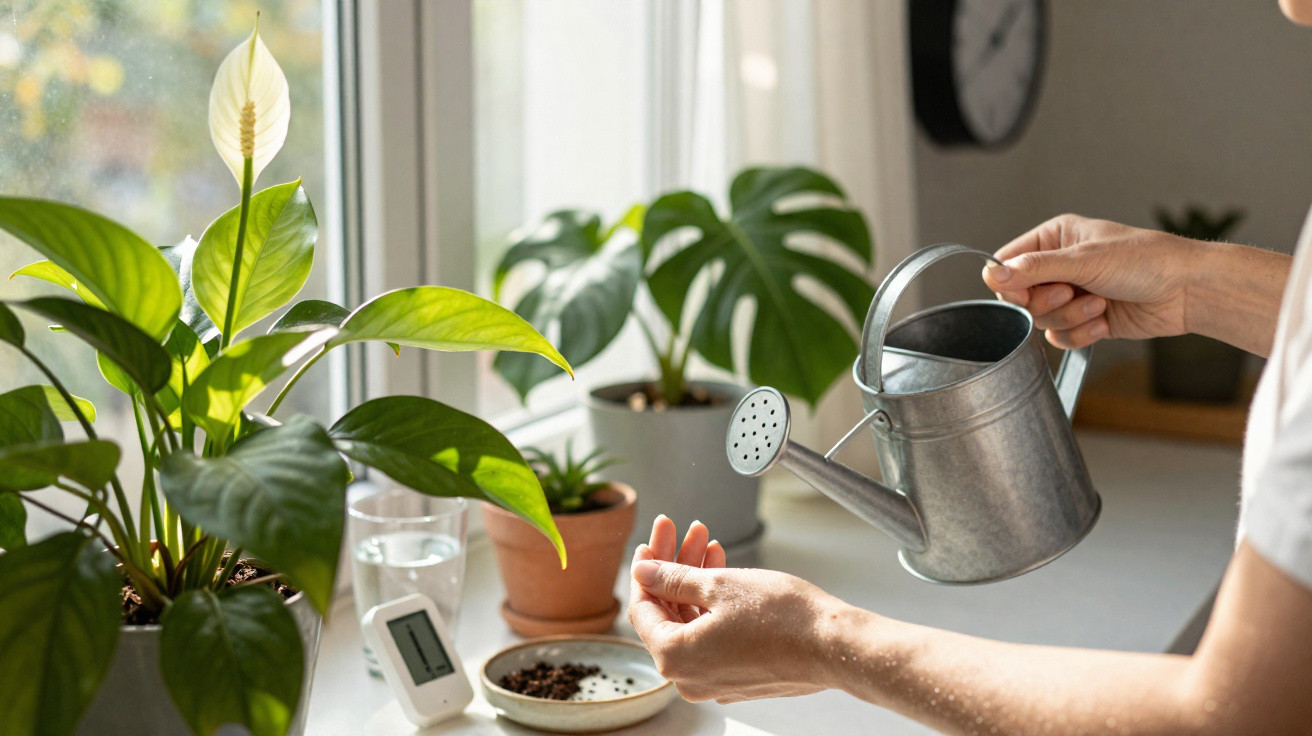 Person watering indoor plants on a sunny windowsill with a metal watering can and potted plants.