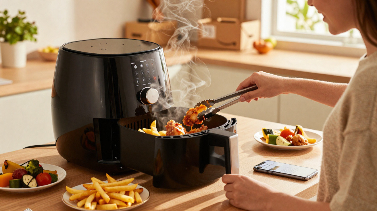 Person using tongs to remove steaming fried food from a black air fryer on a kitchen counter.