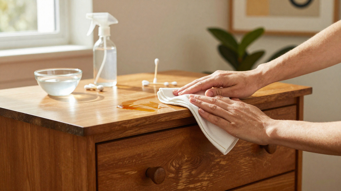 Hands wiping a wooden dresser with a white cloth beside a spray bottle and bowl in natural light.