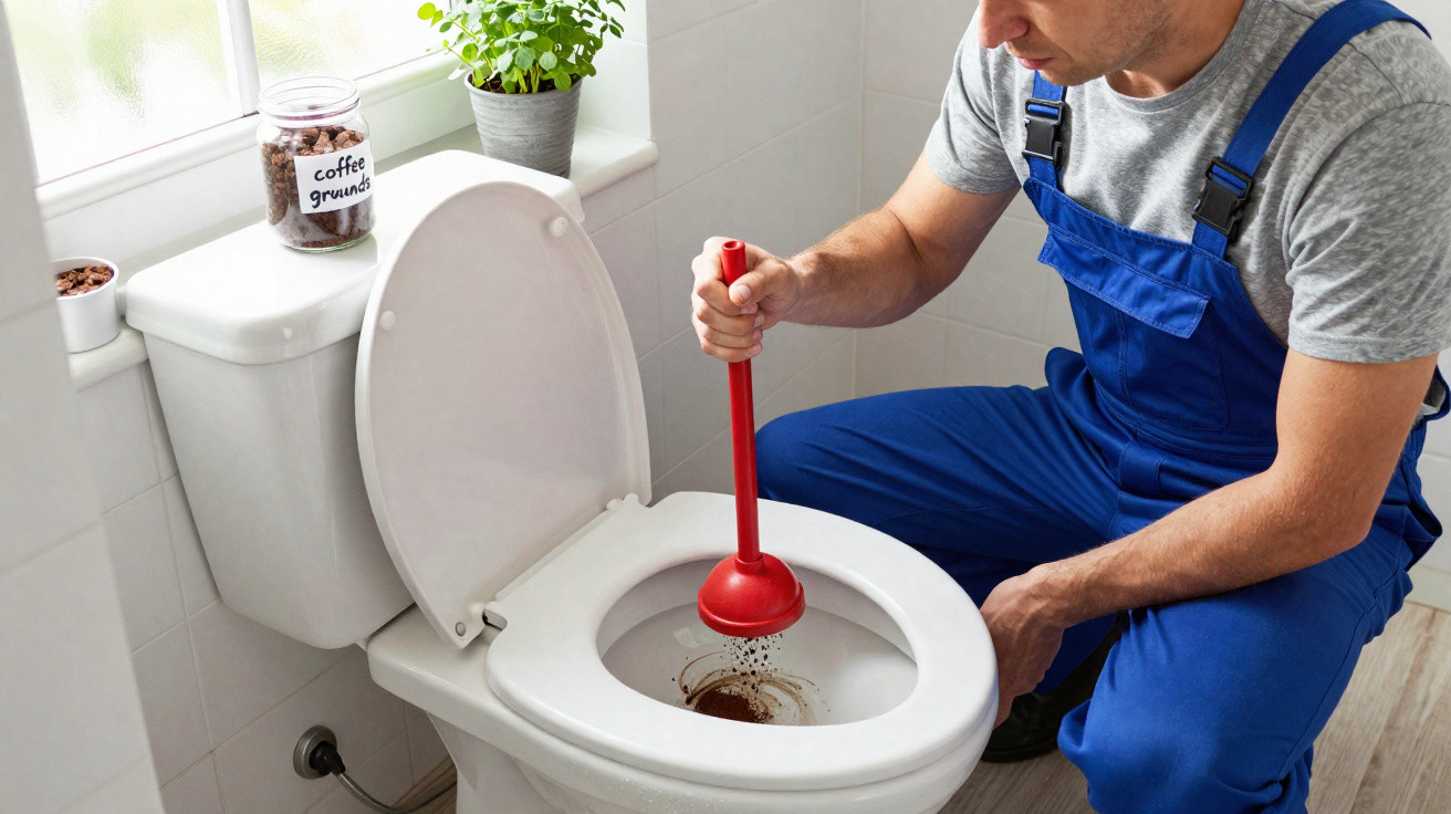 Man in blue overalls using a plunger to unclog a toilet with coffee grounds inside the bowl.