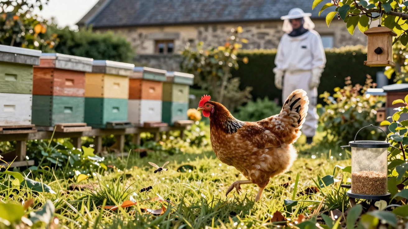 Brown hen walking near beehives with a beekeeper in protective gear in a sunny garden.