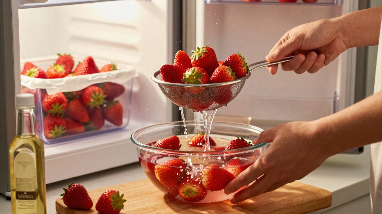 Hands draining washed strawberries with a strainer over a glass bowl on a wooden board by an open fridge.