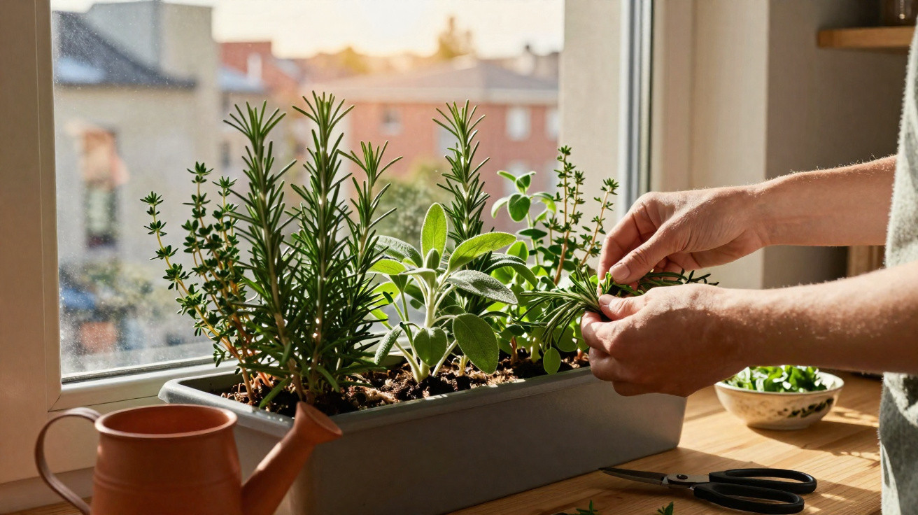 Hands tending to fresh herbs growing in a window planter with sunlight streaming through.