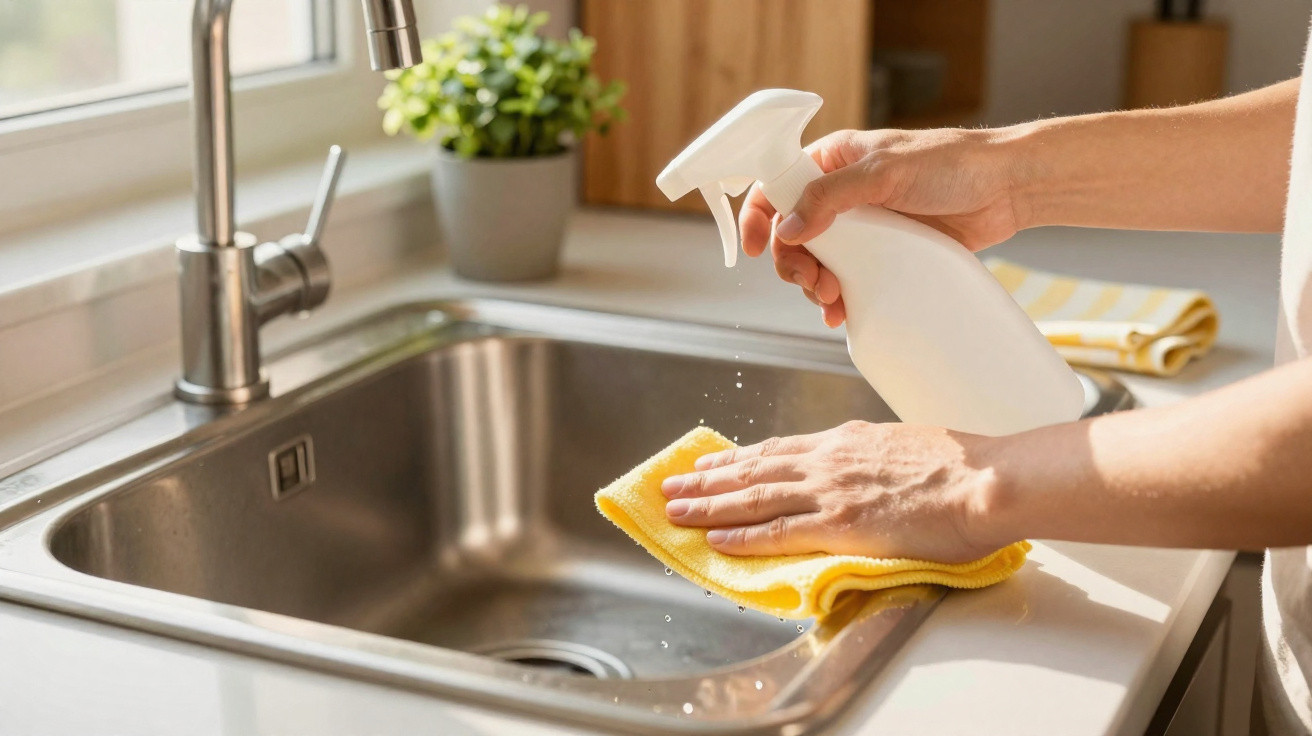 Person spraying cleaning solution on a yellow cloth to clean a stainless steel kitchen sink.