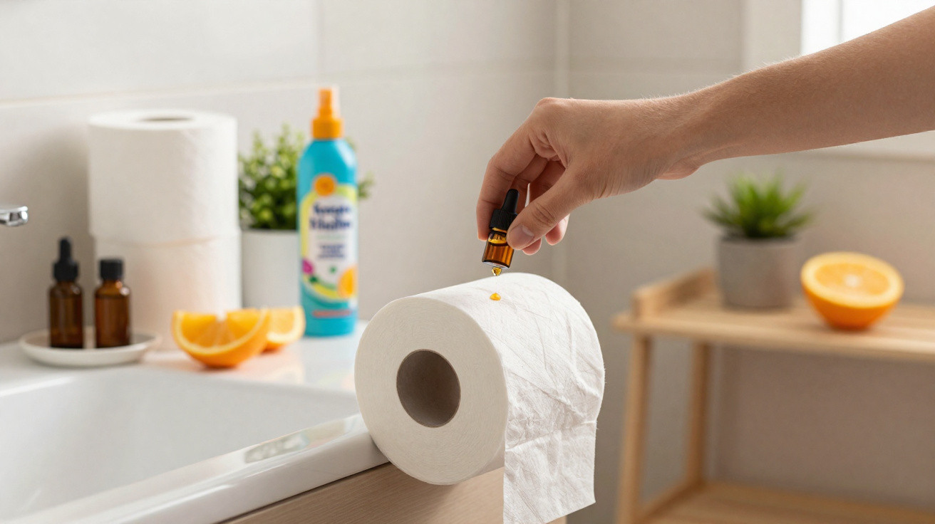 Hand applying essential oil drop onto a toilet paper roll in a bathroom with orange slices and plants nearby.