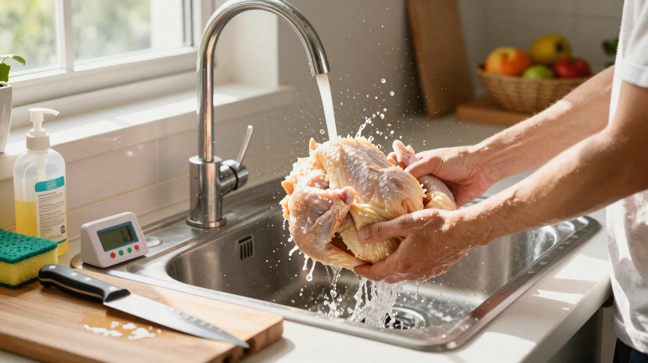 Person washing raw whole chicken under running water in kitchen sink with cutting board and knife nearby