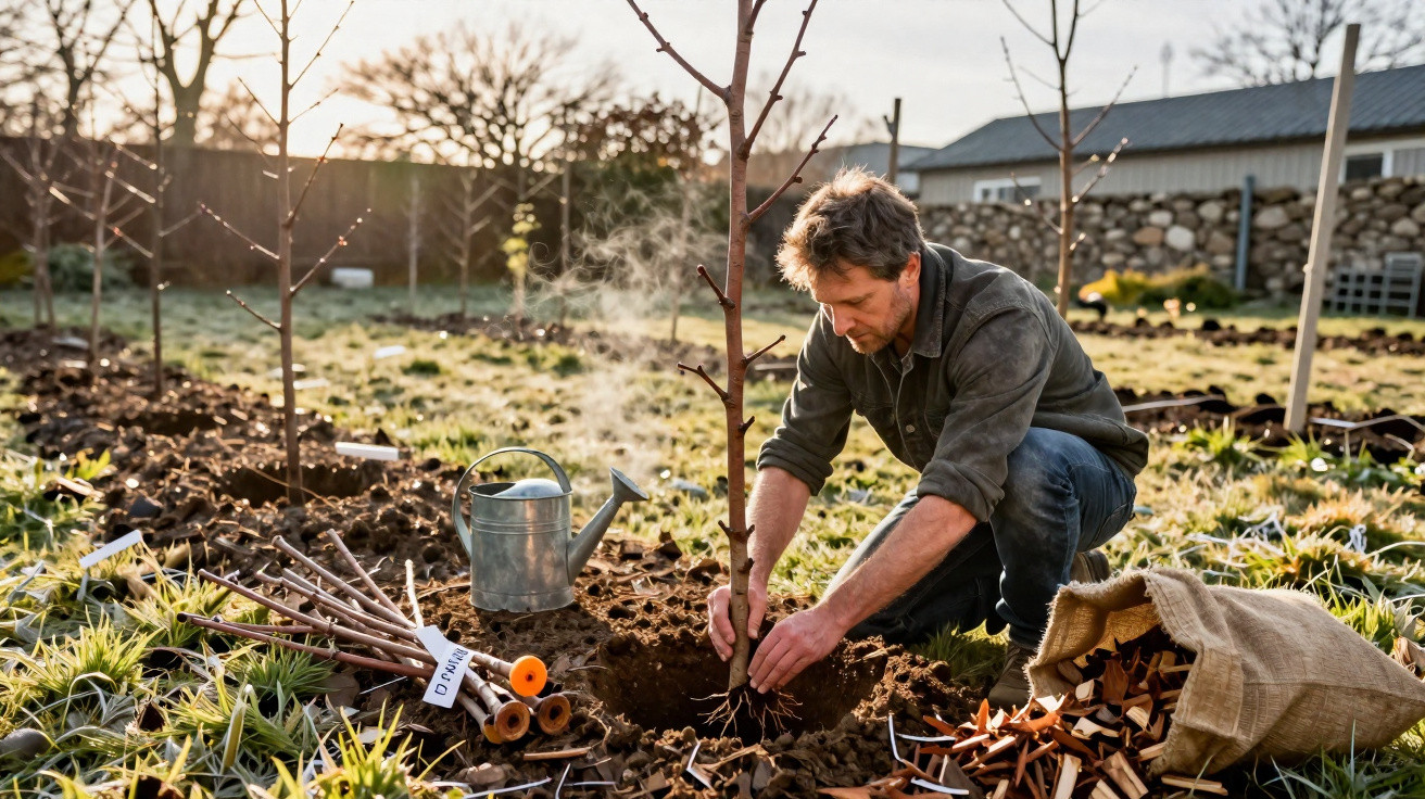 Man planting young tree in garden at sunrise with watering can and gardening tools nearby.