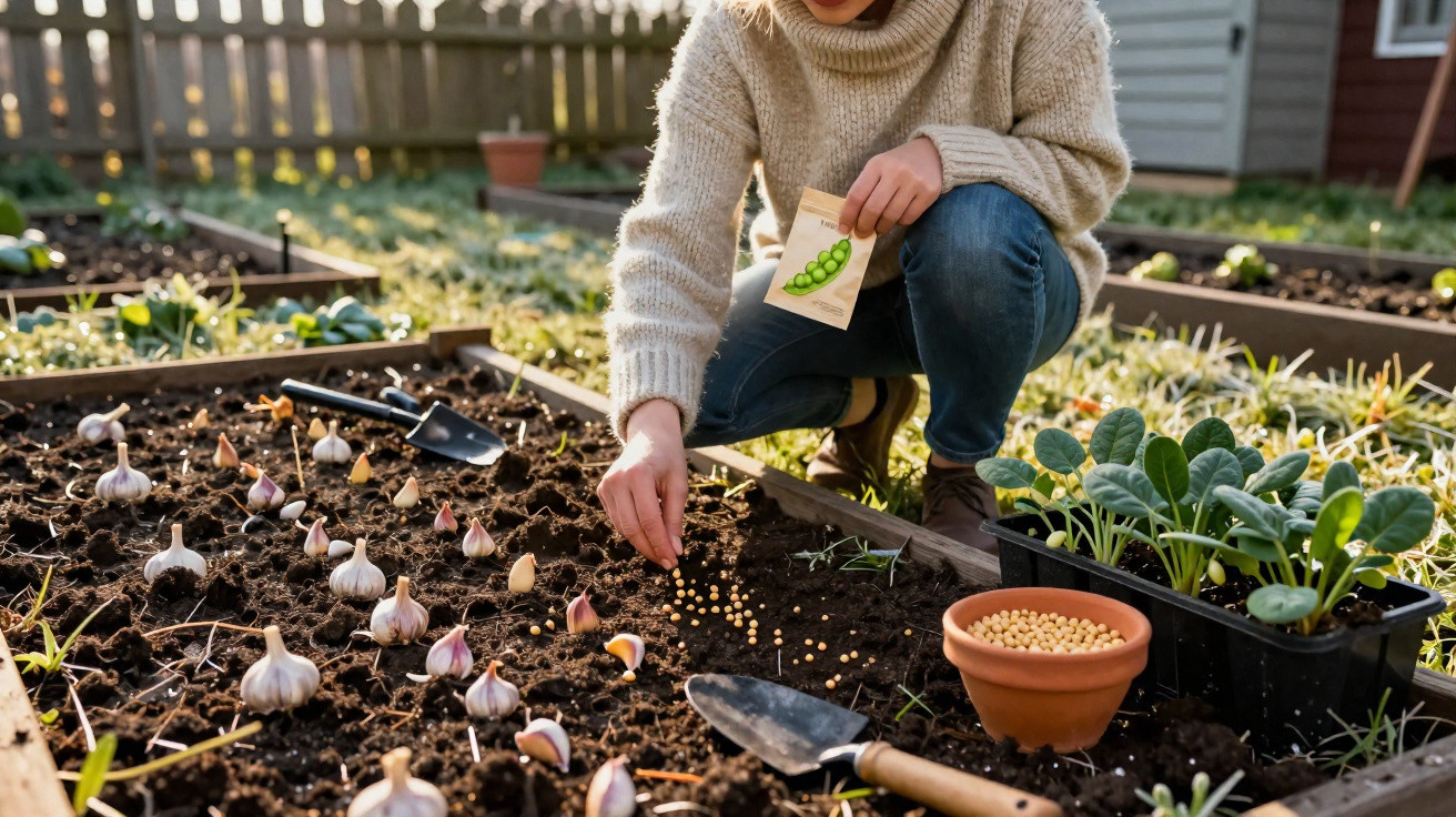 Person planting seeds in a garden bed with garlic bulbs and vegetable seedlings in the morning light.