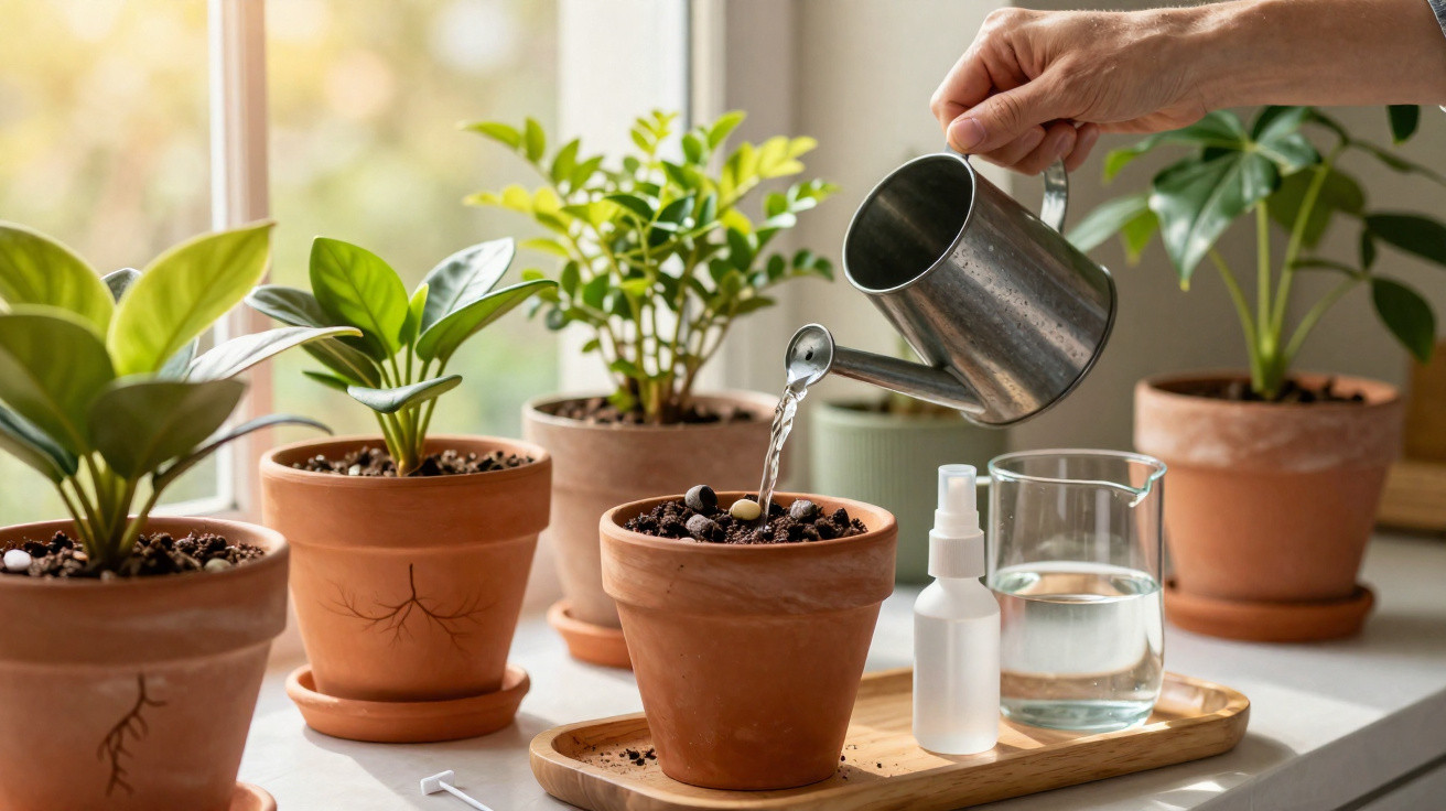 Hand watering a potted plant on a windowsill with other potted plants and plant care tools nearby.