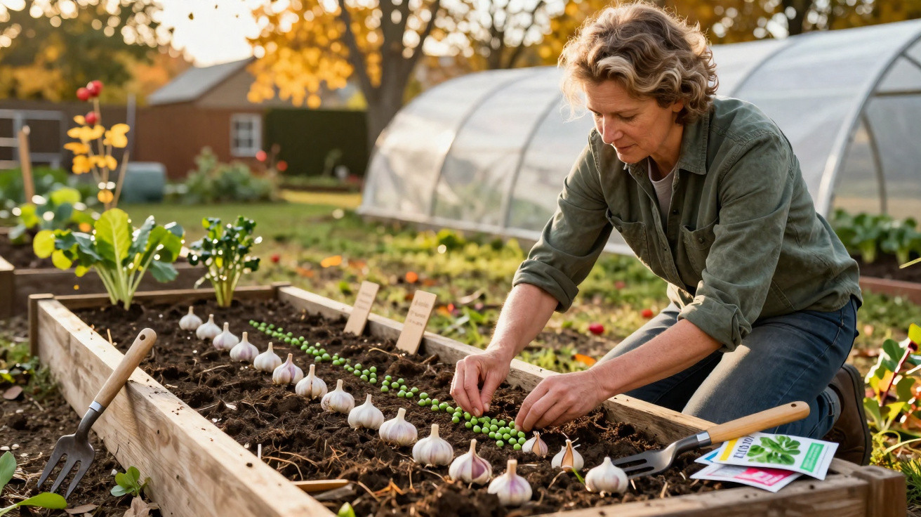 Person planting seeds in a raised garden bed with garlic bulbs and plant markers nearby.