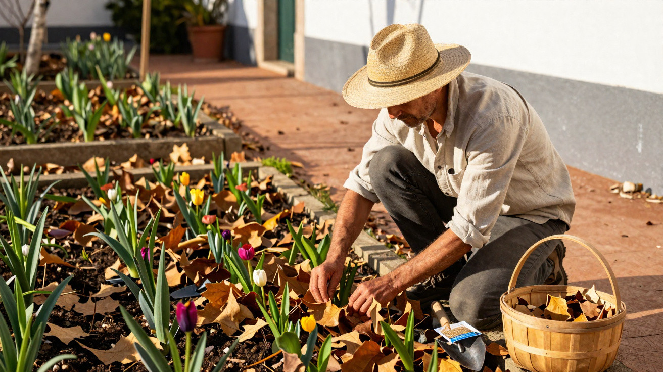 Man wearing a straw hat tending to tulips in a garden bed with a basket of dry leaves nearby.