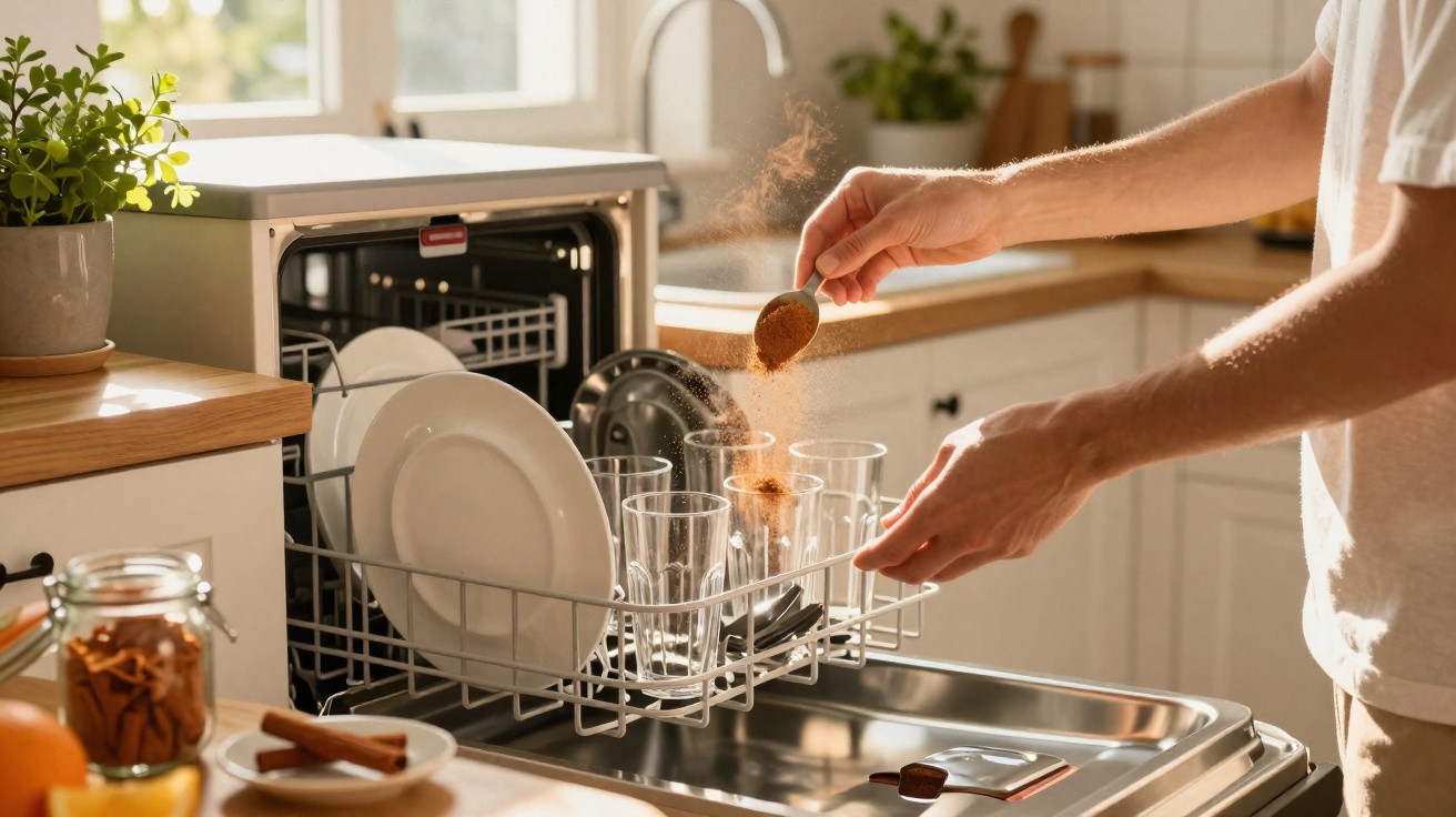 Person sprinkling cinnamon into glasses on an open dishwasher rack in a sunlit kitchen.
