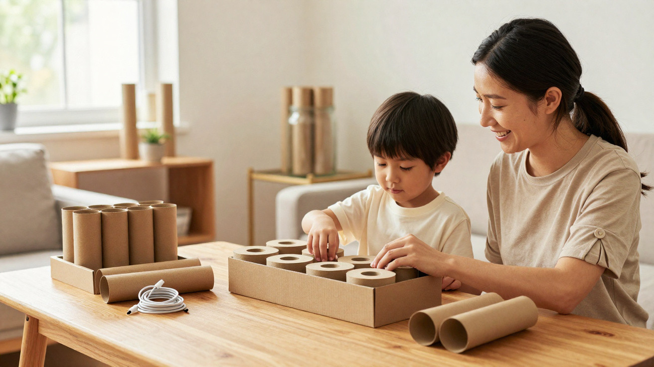 Mother and son sitting at a table playing with cardboard tubes and rolls in a bright living room.