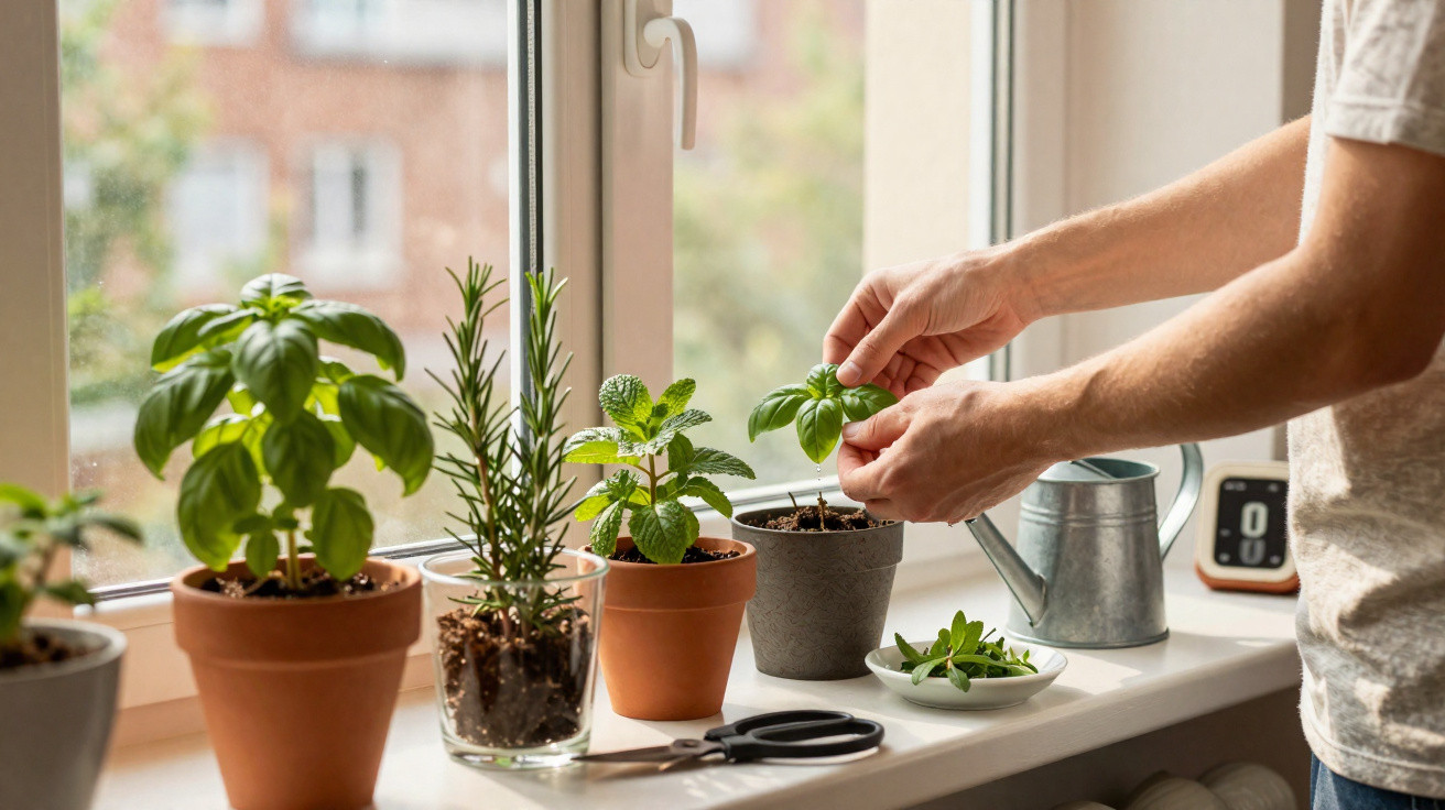 Person tending to potted herbs on a windowsill with watering can, scissors, and plate of clippings nearby.