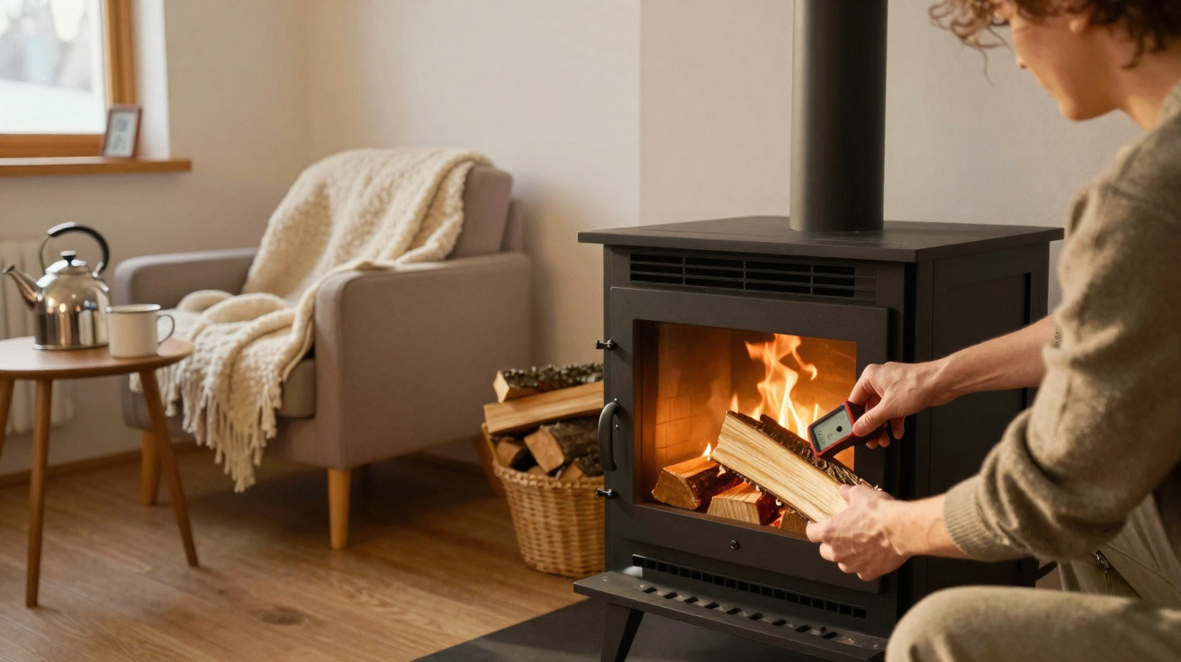 Person placing firewood into a wood-burning stove in a cosy living room with an armchair and kettle.