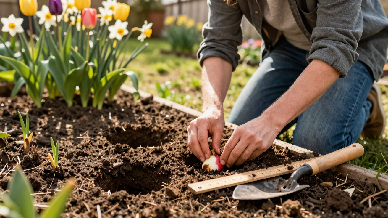 Person planting a flower bulb in a garden bed with tulips and daffodils nearby on a sunny day.