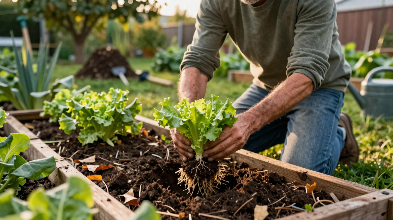 Person planting lettuce seedling with roots into a raised garden bed in a backyard garden.